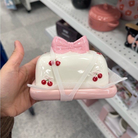Other - Ceramic Cherry Butter Dish with Pink Bow